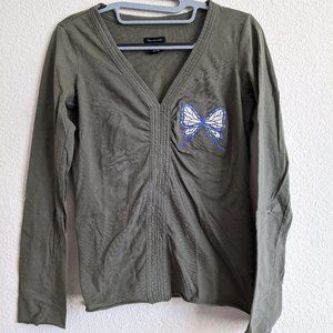 Embroidered Demon Slayer Green Khaki Vneck Purple Butterfly Blouse Top